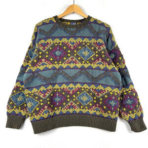 Vintage GAP XL Chunky Hand Knit Colorful Nordic Fair Isle Sweater Geometric 90s